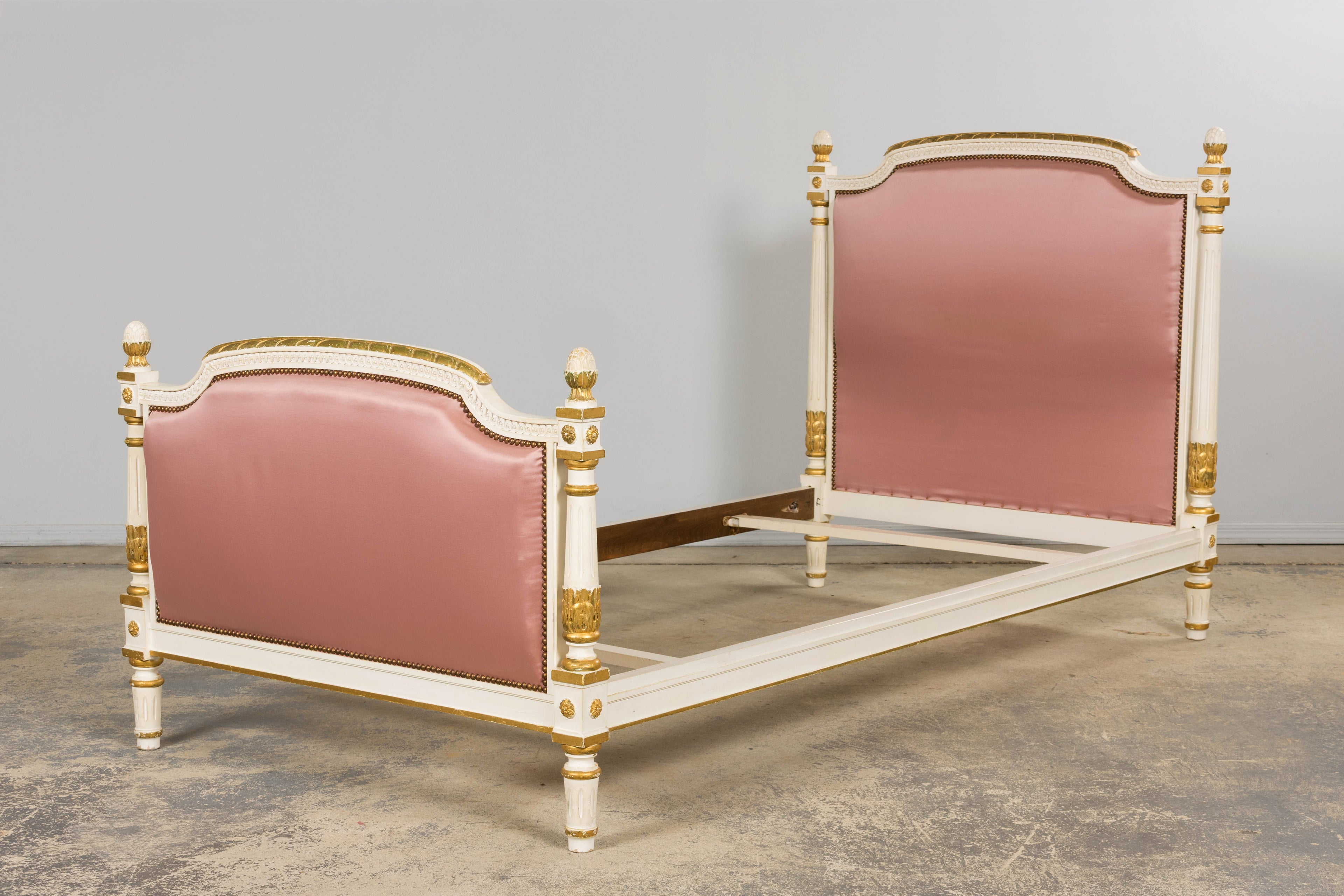 Mid-Century Louis XVI Twin Bed Frames, Pink Silk, Painted Wood, 1940