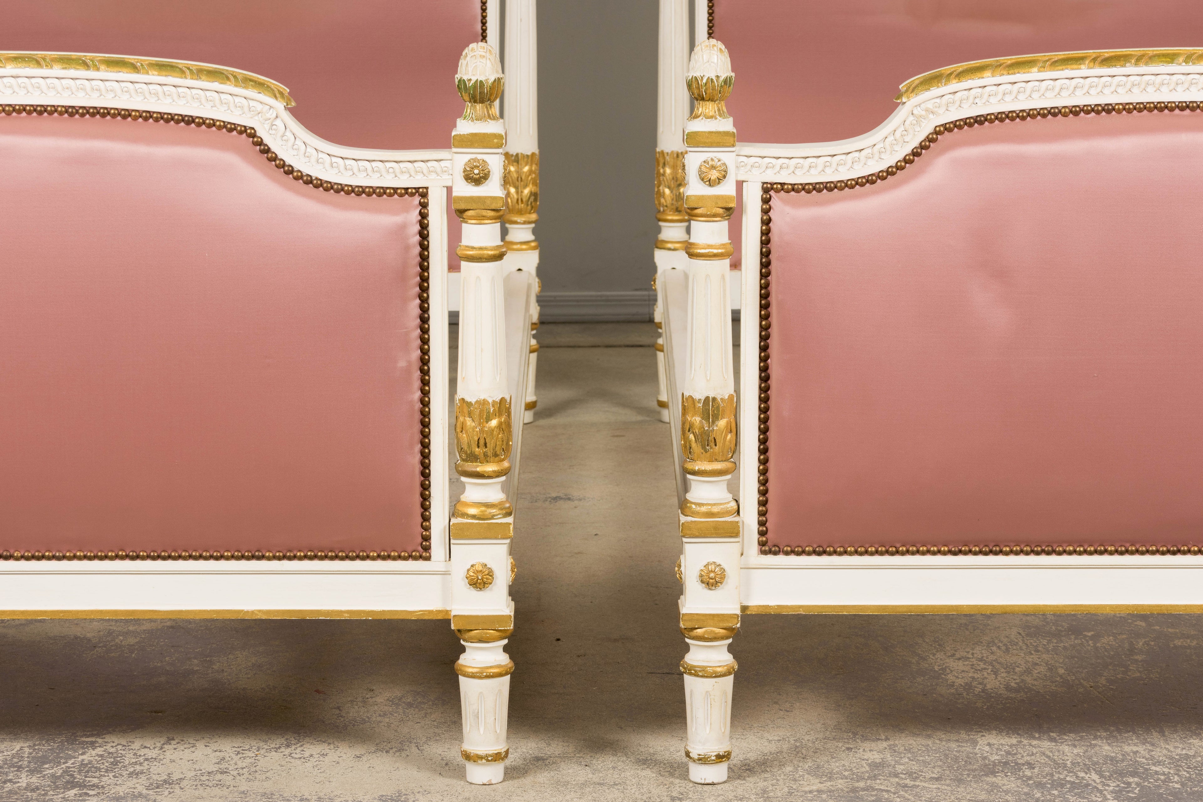 Mid-Century Louis XVI Twin Bed Frames, Pink Silk, Painted Wood, 1940