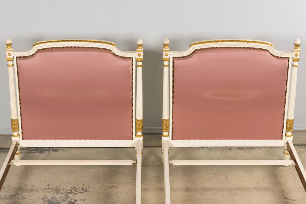 Mid-Century Louis XVI Twin Bed Frames, Pink Silk, Painted Wood, 1940
