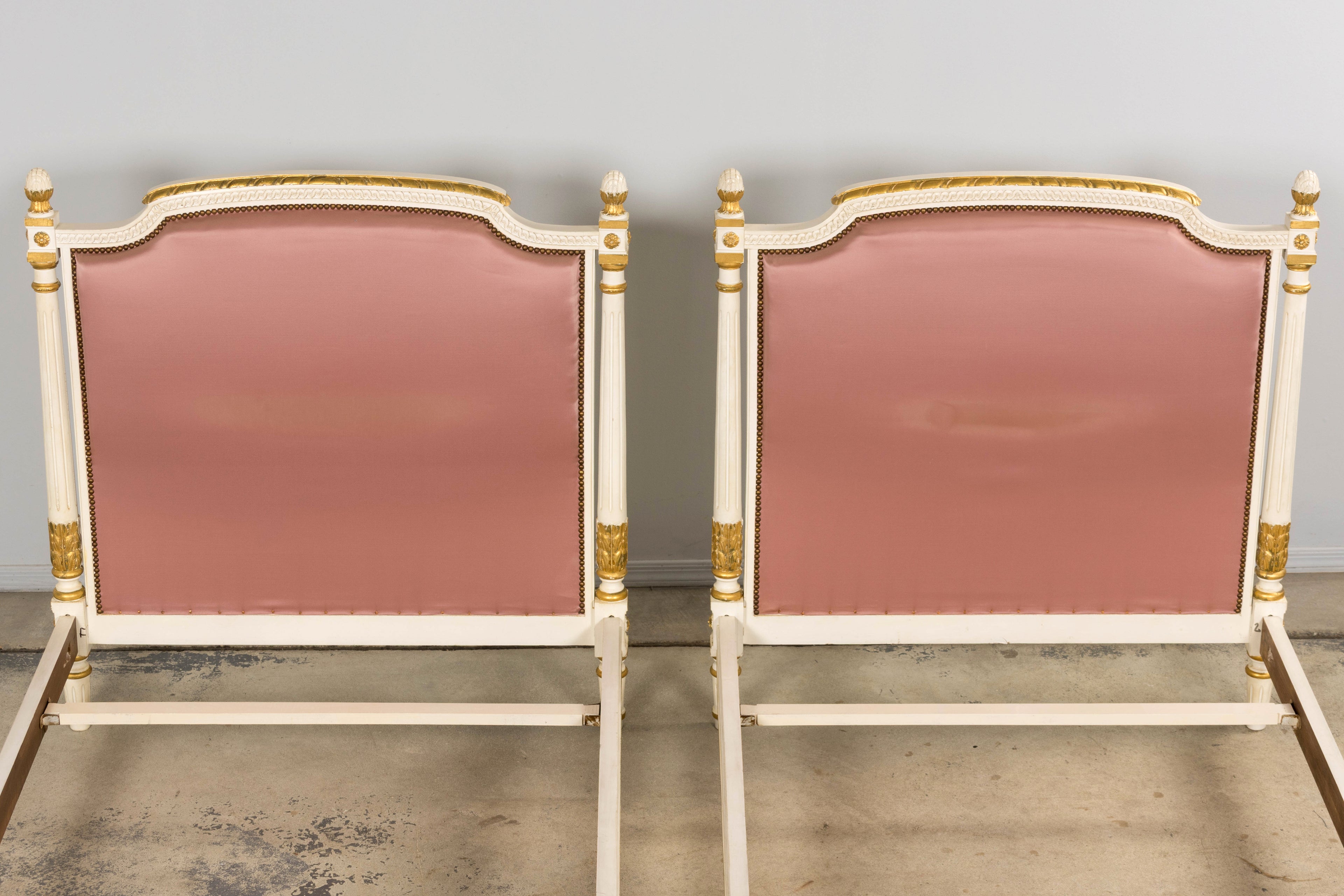 Mid-Century Louis XVI Twin Bed Frames, Pink Silk, Painted Wood, 1940