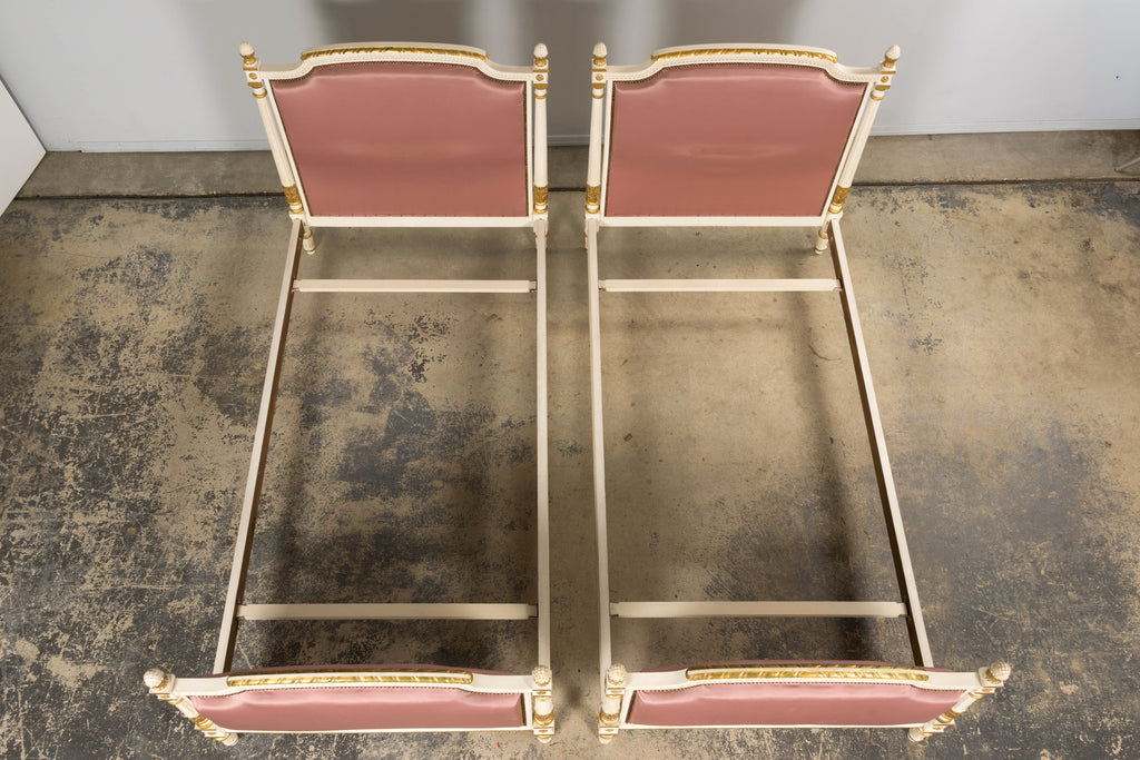 Mid-Century Louis XVI Twin Bed Frames, Pink Silk, Painted Wood, 1940