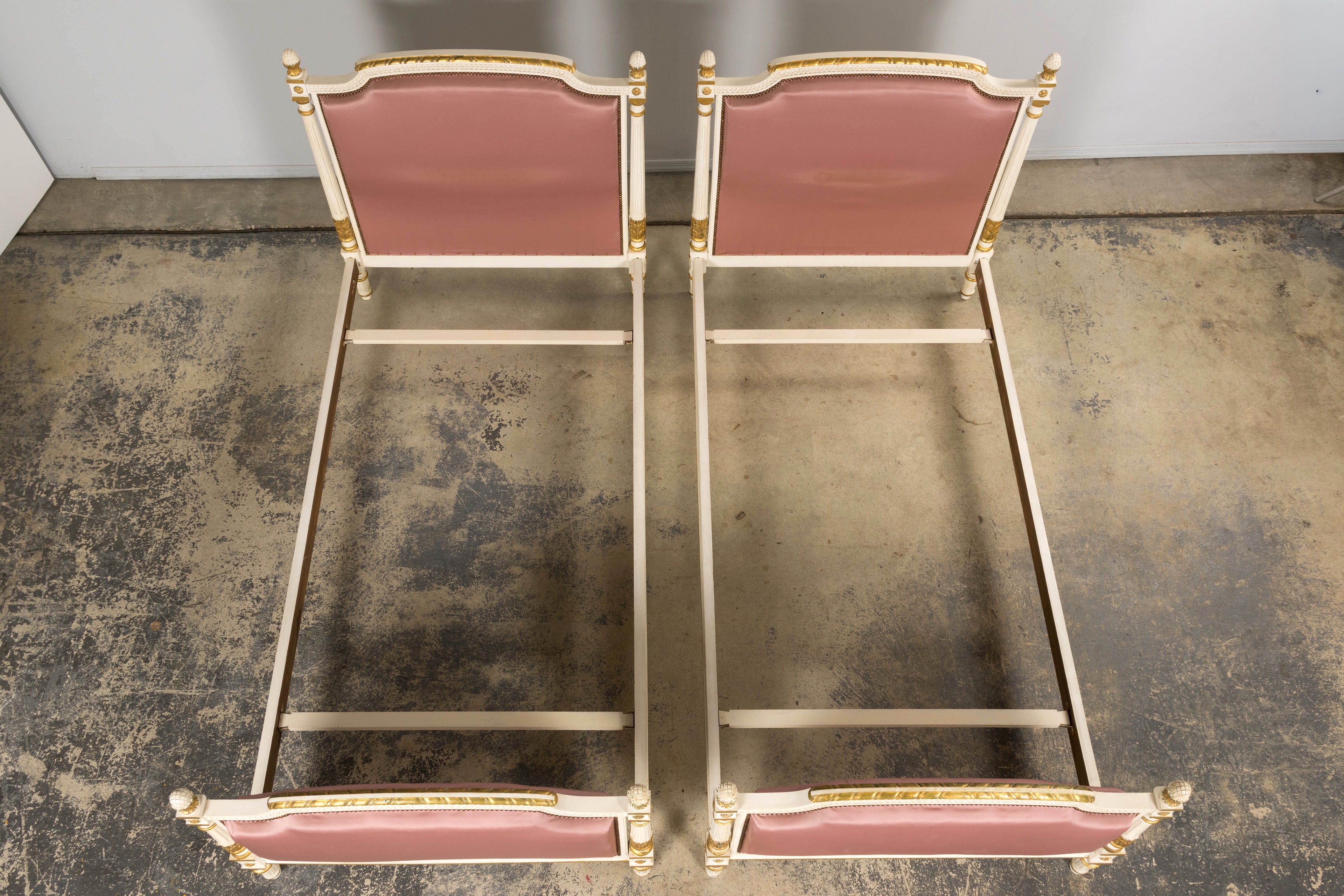 Mid-Century Louis XVI Twin Bed Frames, Pink Silk, Painted Wood, 1940