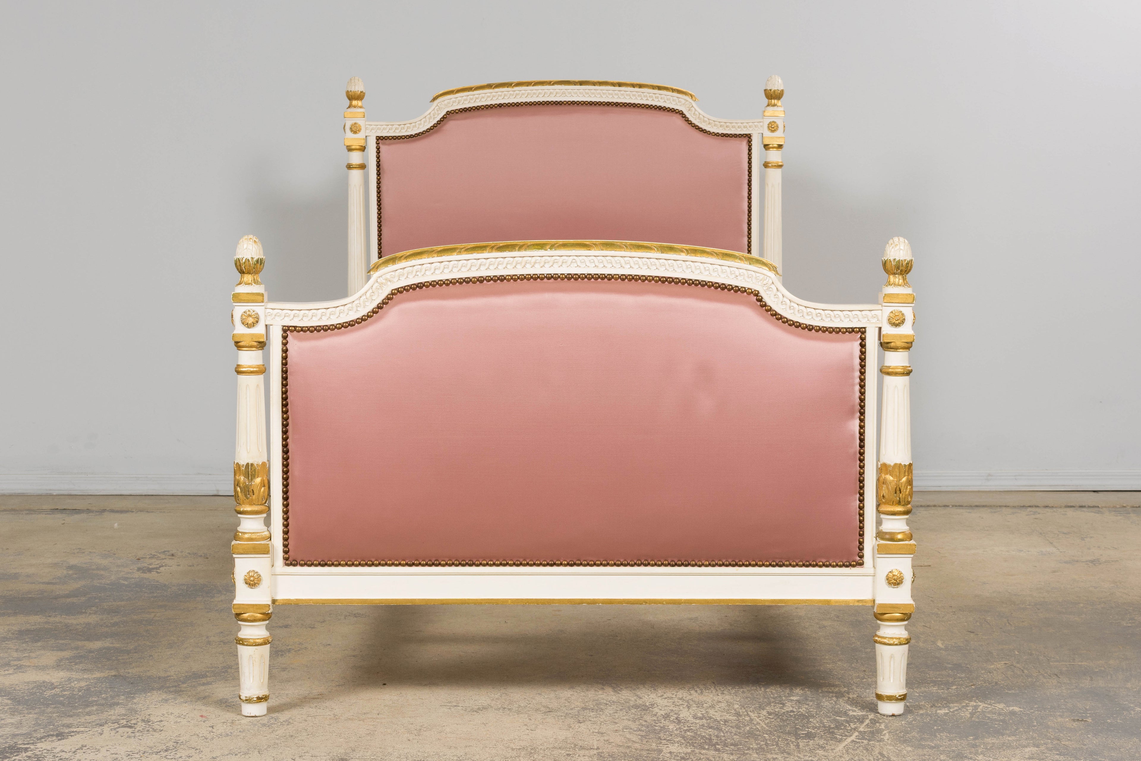Mid-Century Louis XVI Twin Bed Frames, Pink Silk, Painted Wood, 1940