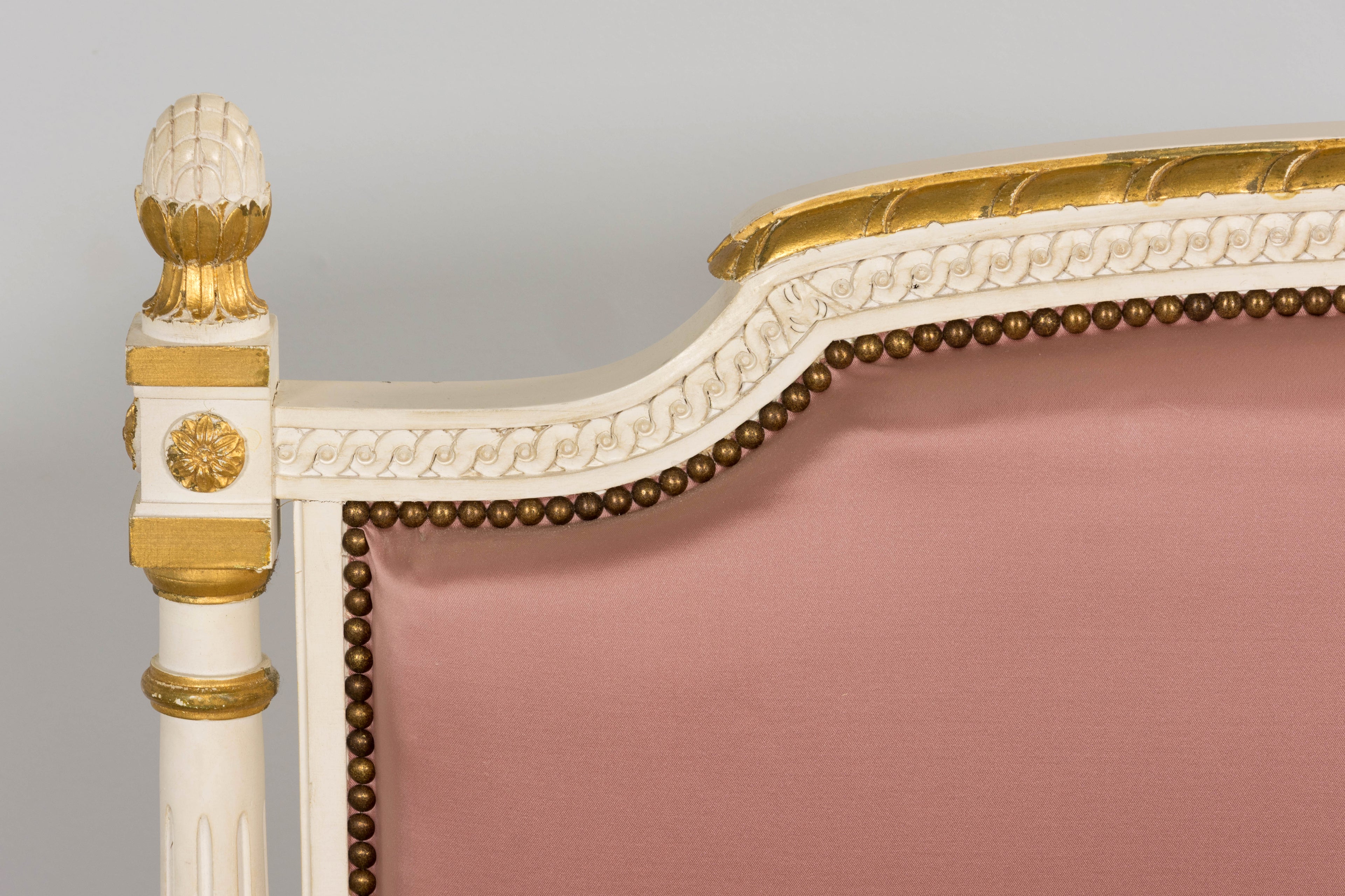 Mid-Century Louis XVI Twin Bed Frames, Pink Silk, Painted Wood, 1940
