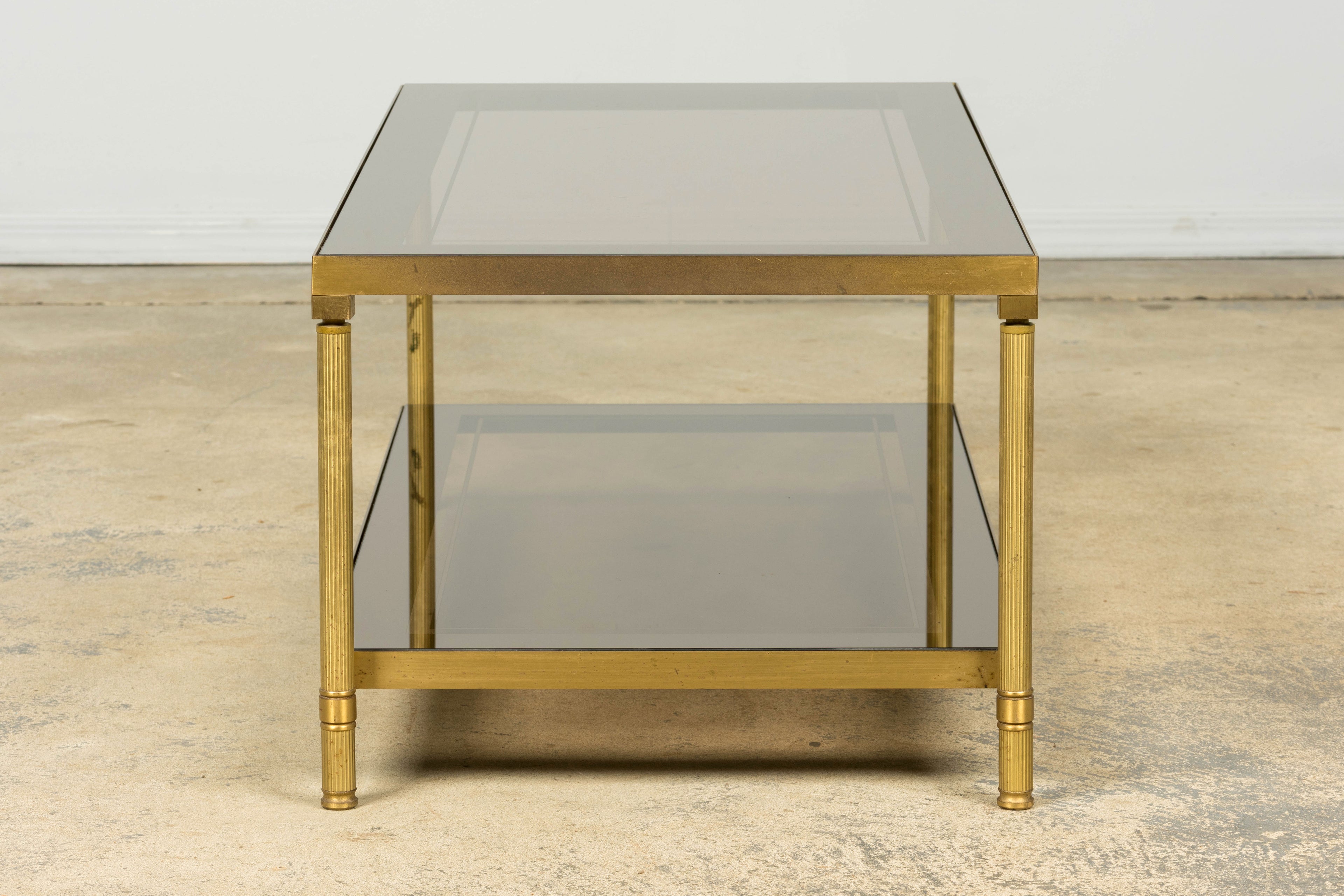 Mid-20th Century French Neoclassical Brass and Smoked Glass Coffee Table