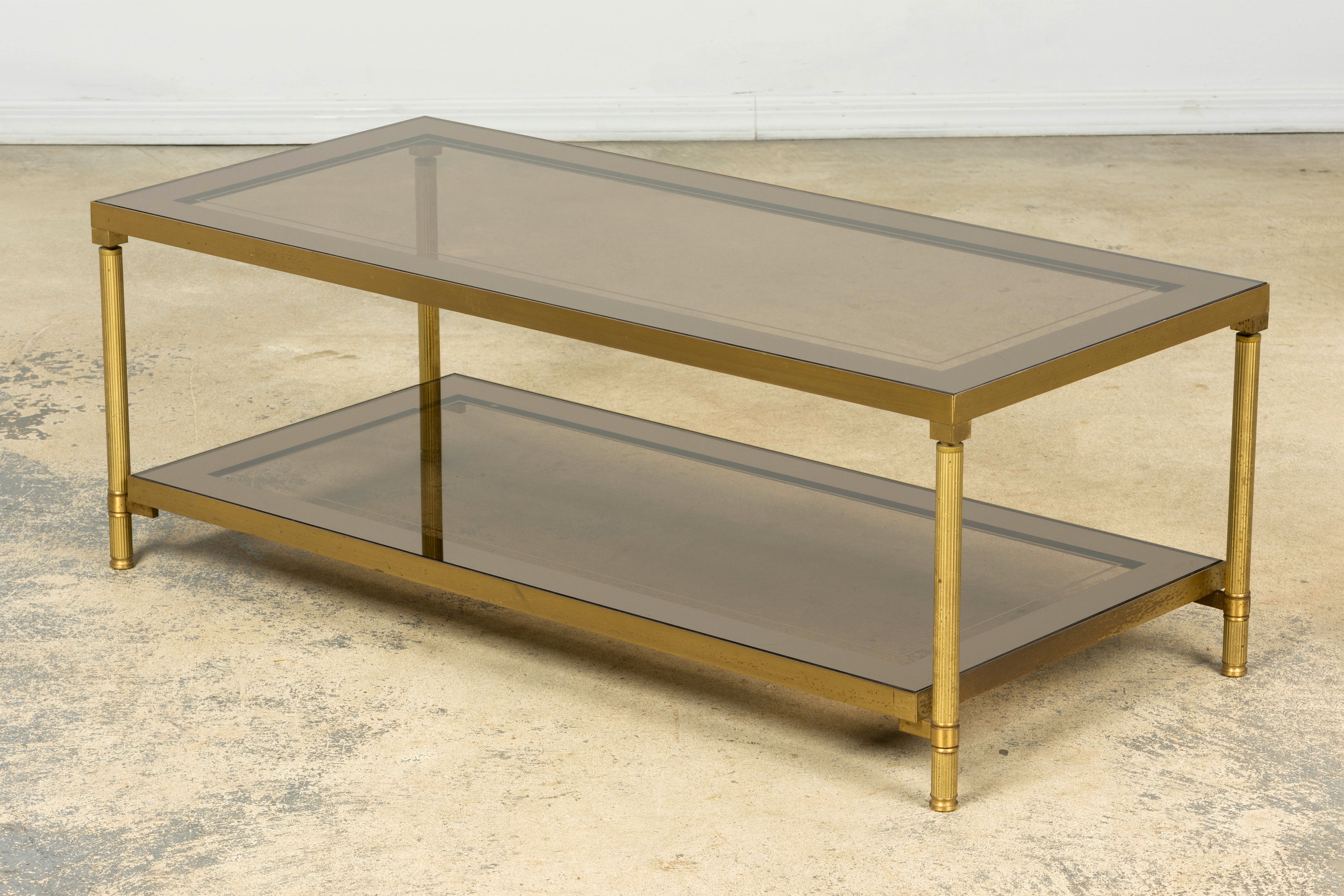 Mid-20th Century French Neoclassical Brass and Smoked Glass Coffee Table