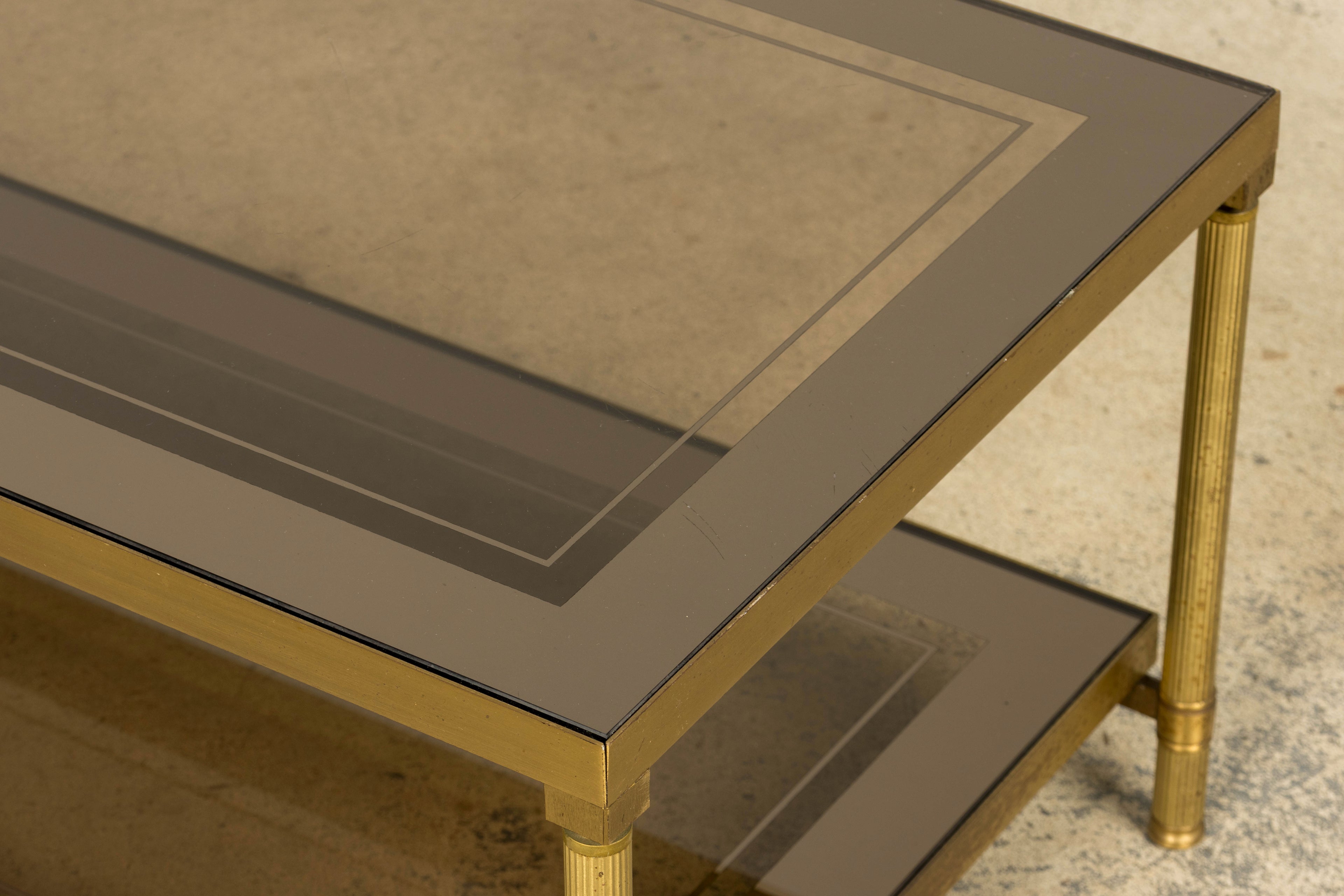 Mid-20th Century French Neoclassical Brass and Smoked Glass Coffee Table