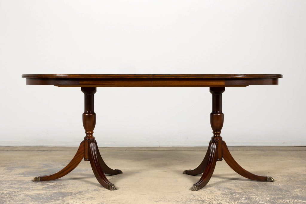 Mid-Century English Georgian Style Mahogany Double Pedestal Extendable Dining Table