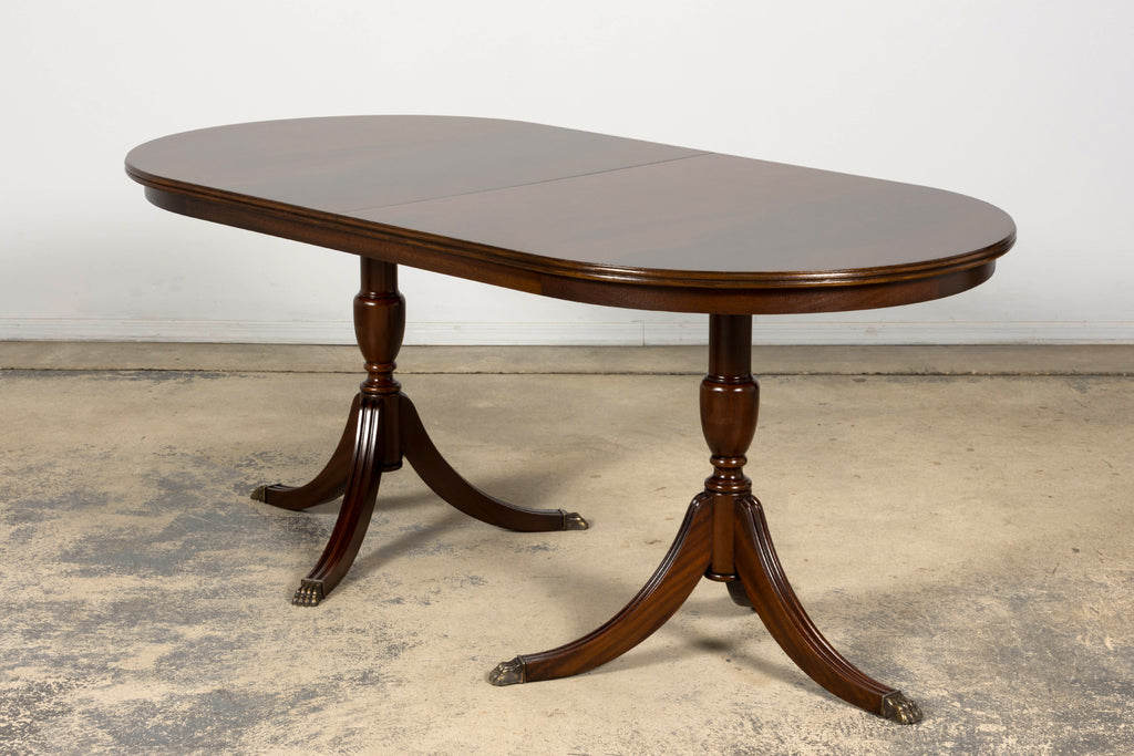 Mid-Century English Georgian Style Mahogany Double Pedestal Extendable Dining Table
