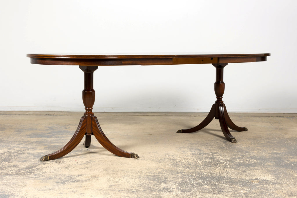 Mid-Century English Georgian Style Mahogany Double Pedestal Extendable Dining Table
