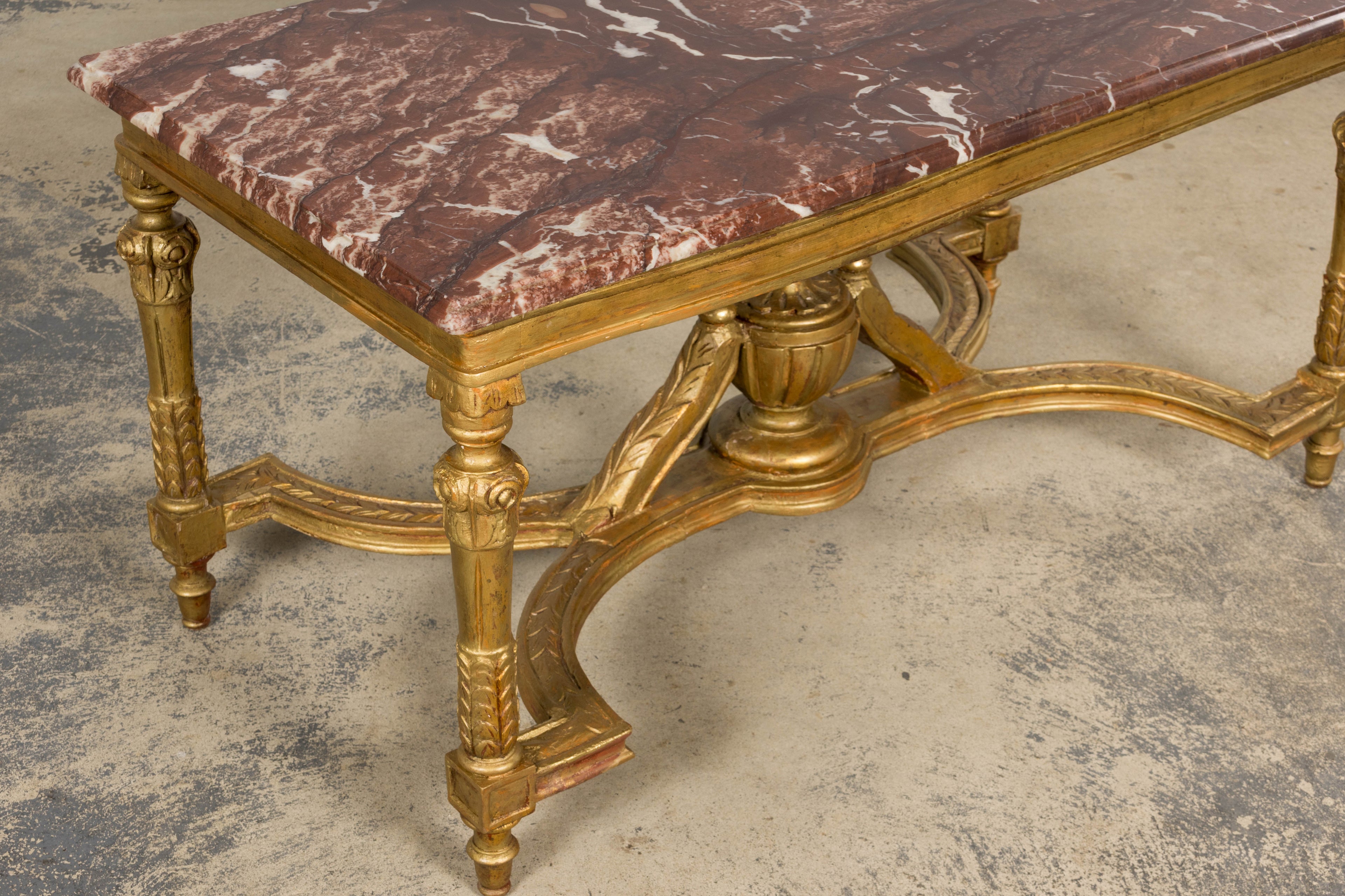 Mid 19th Century French Napoleon III Giltwood Coffee Table with Rouge Marble Top, Provence