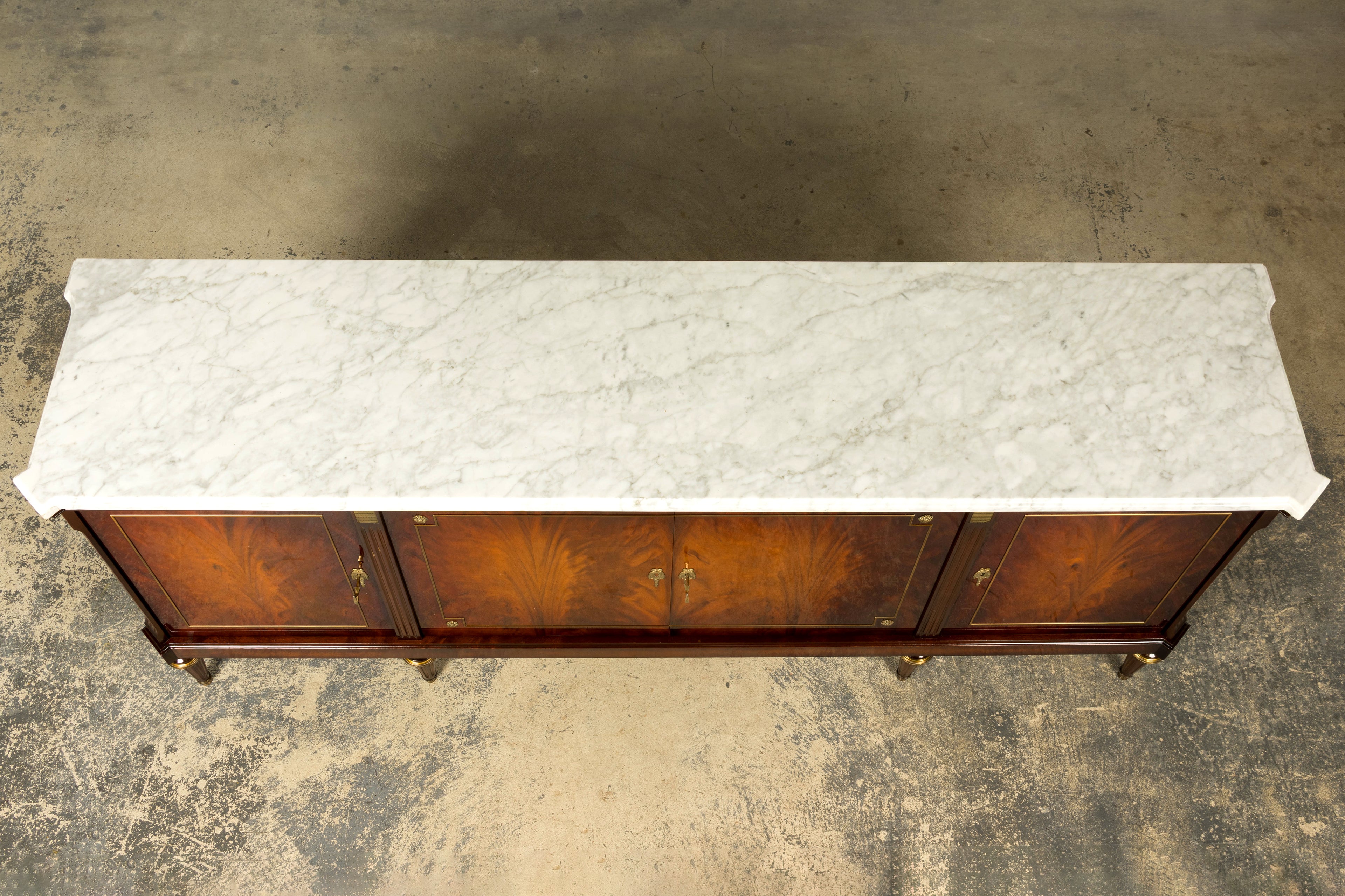 Mid 20th Century French Louis XVI Style Mahogany Sideboard Buffet with Carrara Marble Top