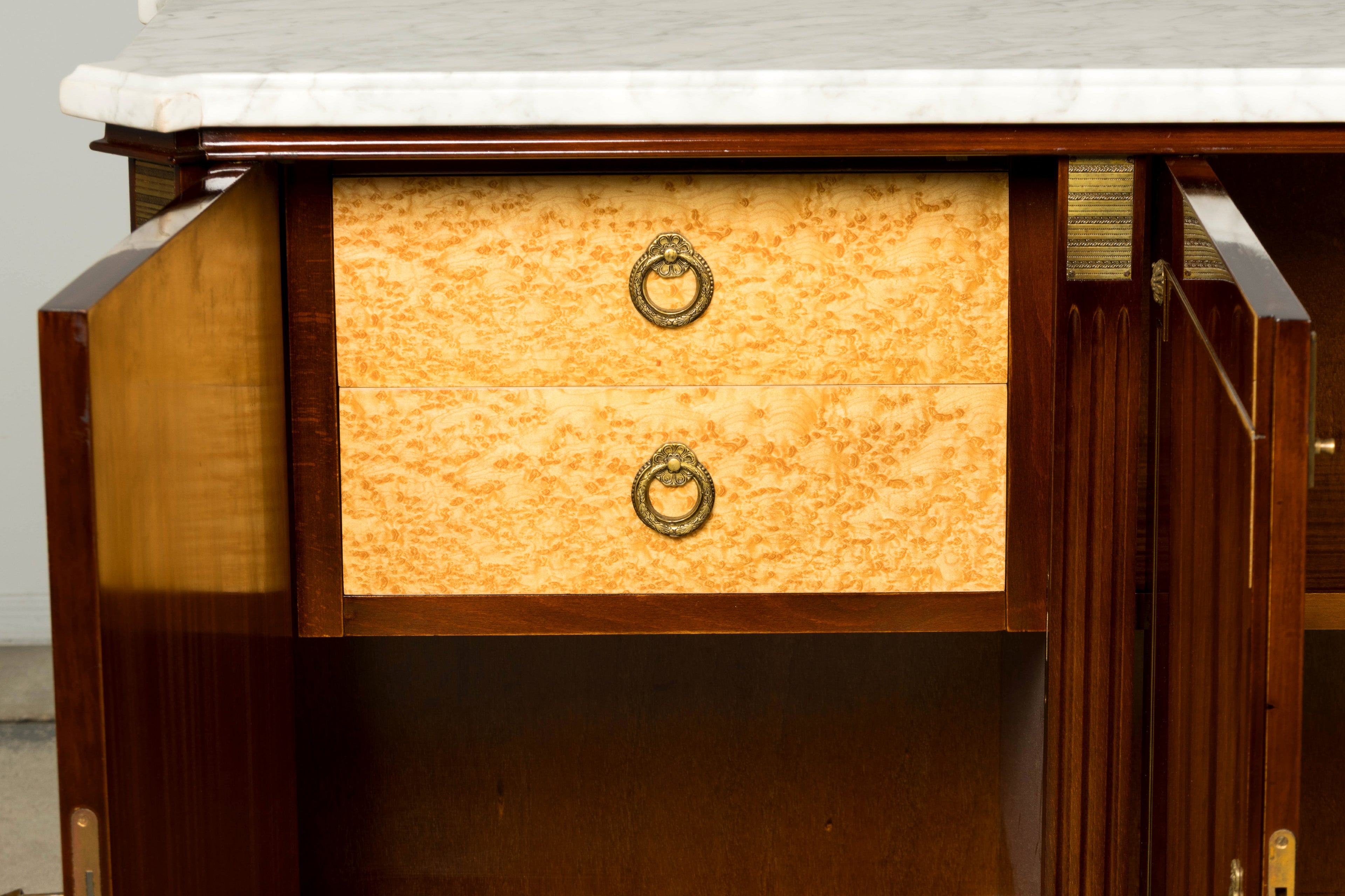 Mid 20th Century French Louis XVI Style Mahogany Sideboard Buffet with Carrara Marble Top