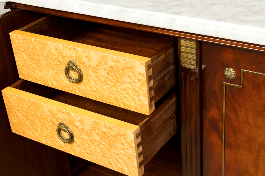 Mid 20th Century French Louis XVI Style Mahogany Sideboard Buffet with Carrara Marble Top
