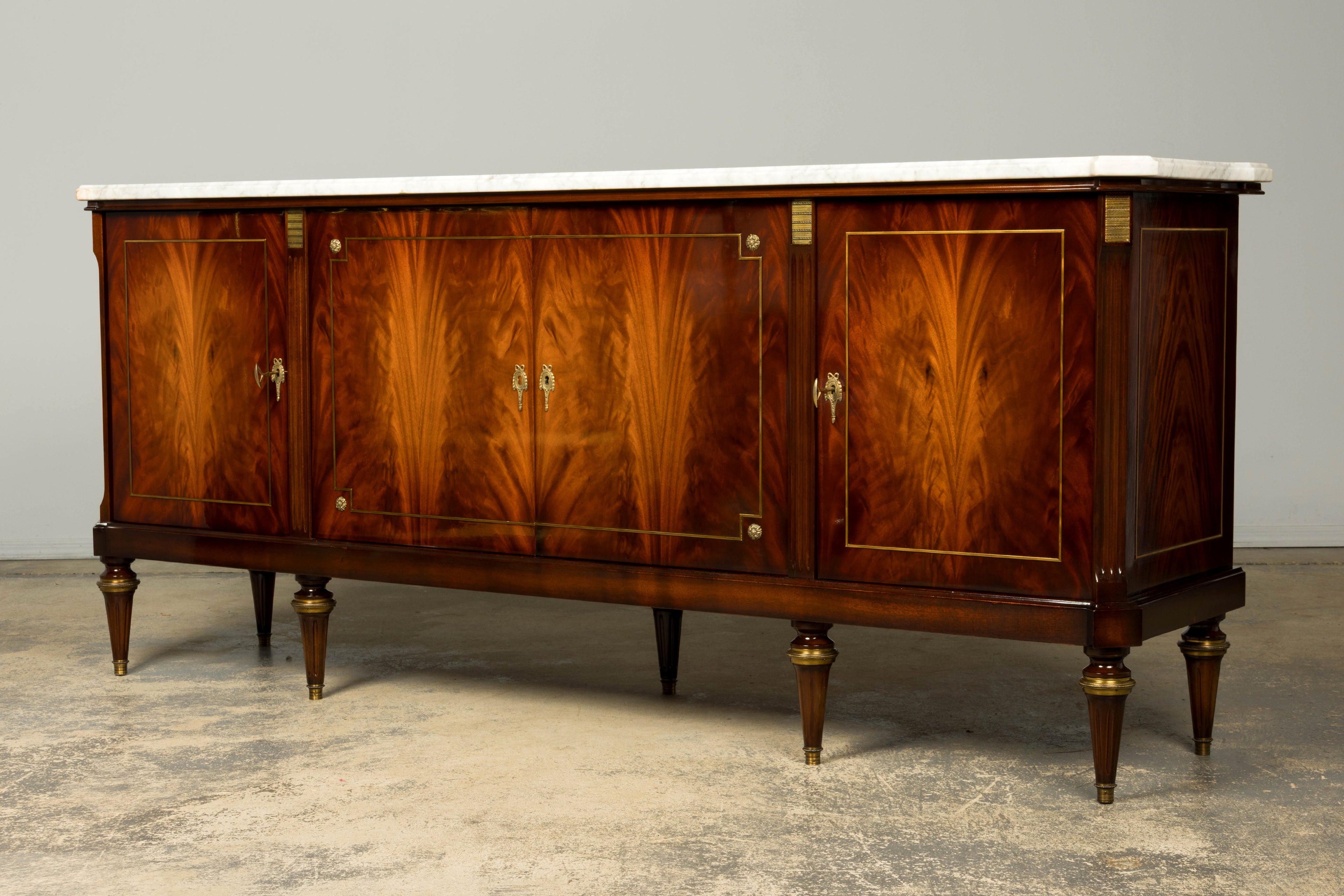 Mid 20th Century French Louis XVI Style Mahogany Sideboard Buffet with Carrara Marble Top