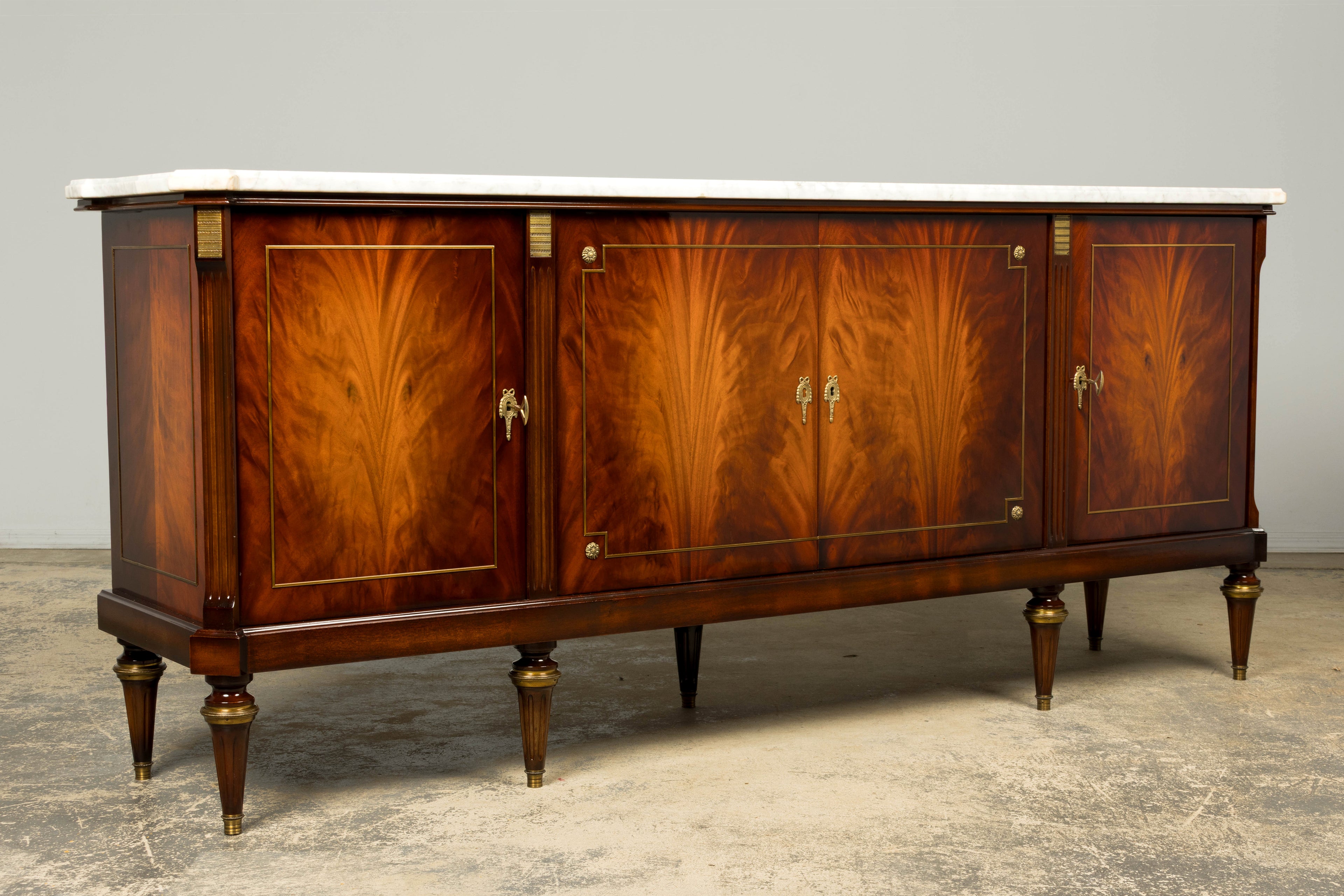 Mid 20th Century French Louis XVI Style Mahogany Sideboard Buffet with Carrara Marble Top