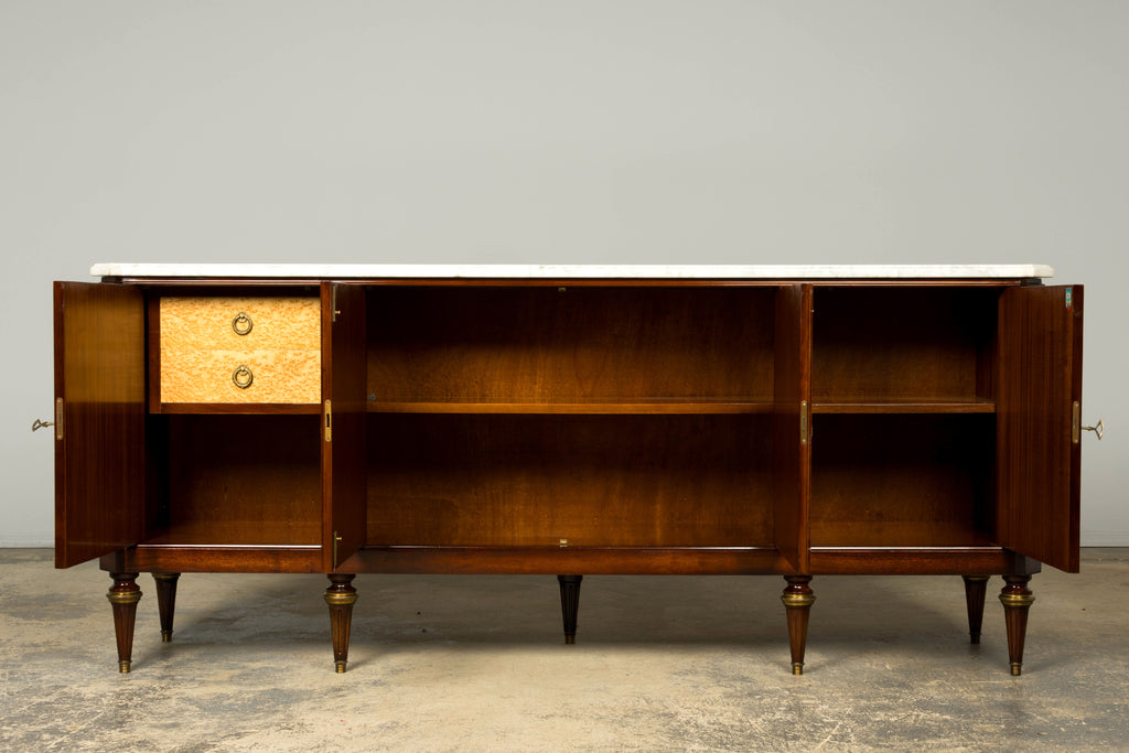 Mid 20th Century French Louis XVI Style Mahogany Sideboard Buffet with Carrara Marble Top