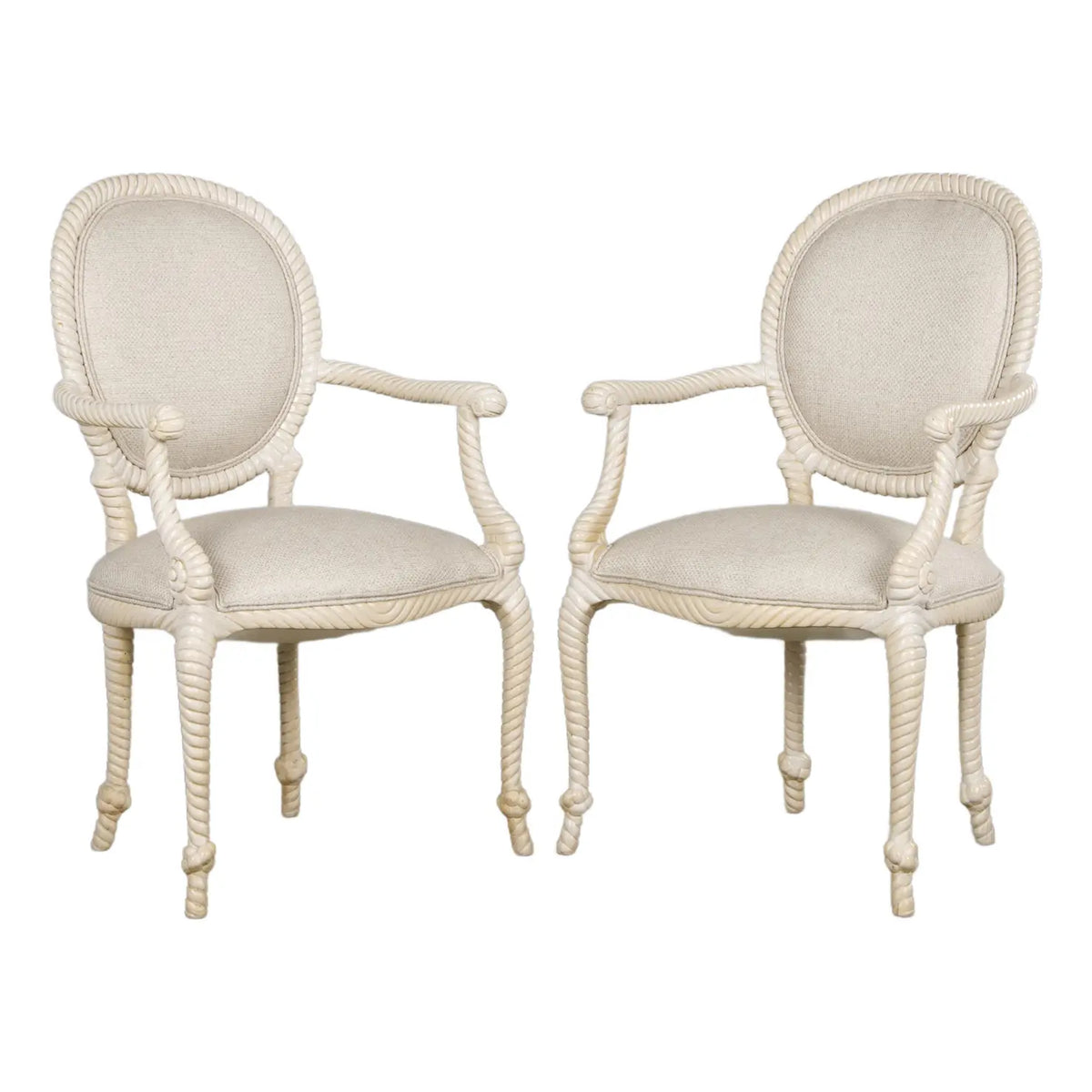 Napoleon III Style Faux Rope Painted Armchairs in Cream Fabric - A Pair