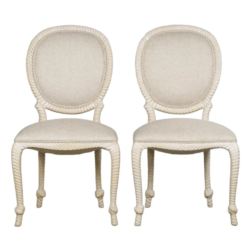 Napoleon III Style Faux Rope Painted Side Chairs in Cream Fabric - A Pair