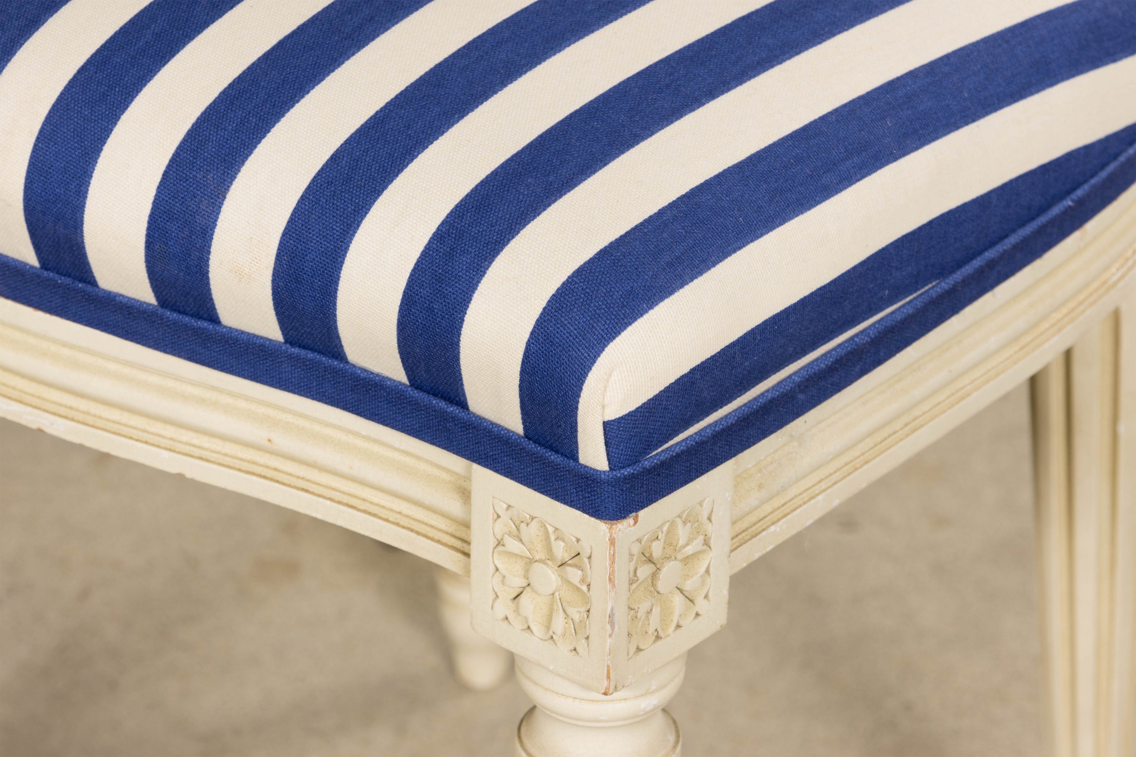 Pair of Antique French Louis XVI Style Painted Side Chairs in Blue Stripe