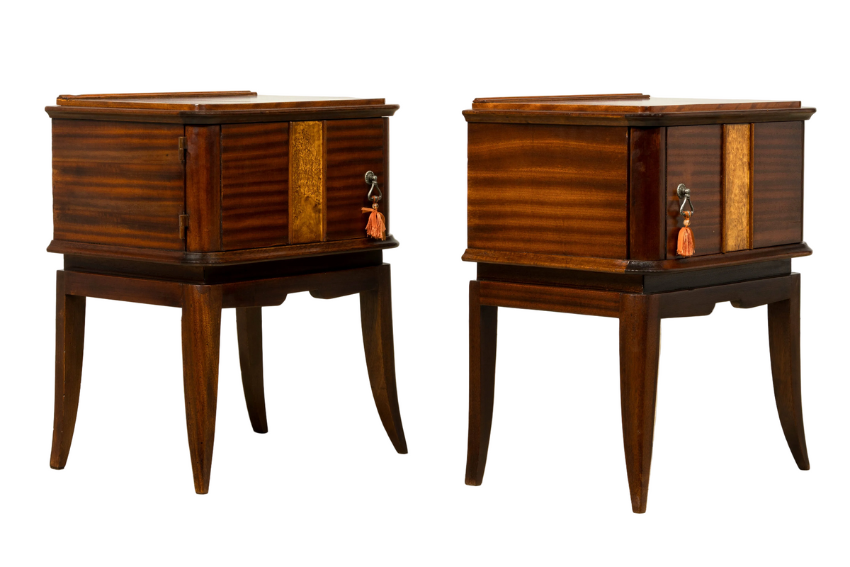 Pair of French Art Deco Mahogany and Burl Wood Nightstands, 1930s