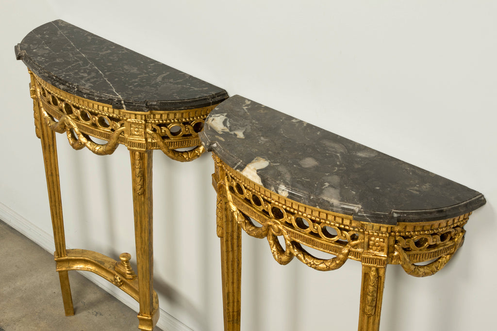Pair of 18th Century French Louis XVI Giltwood Demilune Console Tables