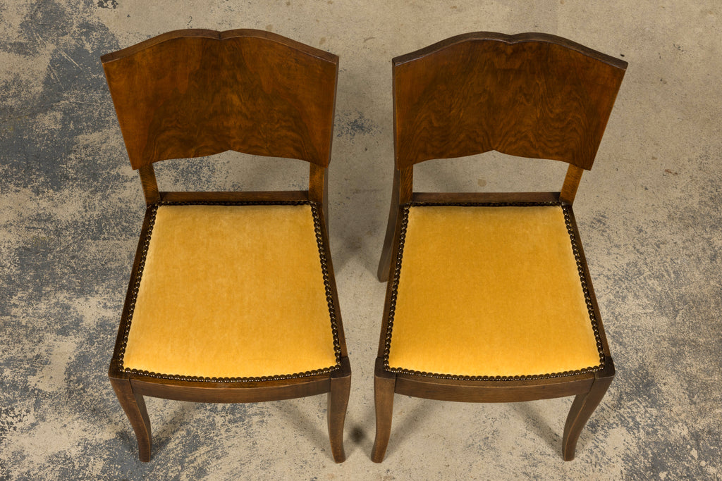 Pair of 1930s French Art Deco Mustache-Back Oak and Walnut Side Accent Chairs