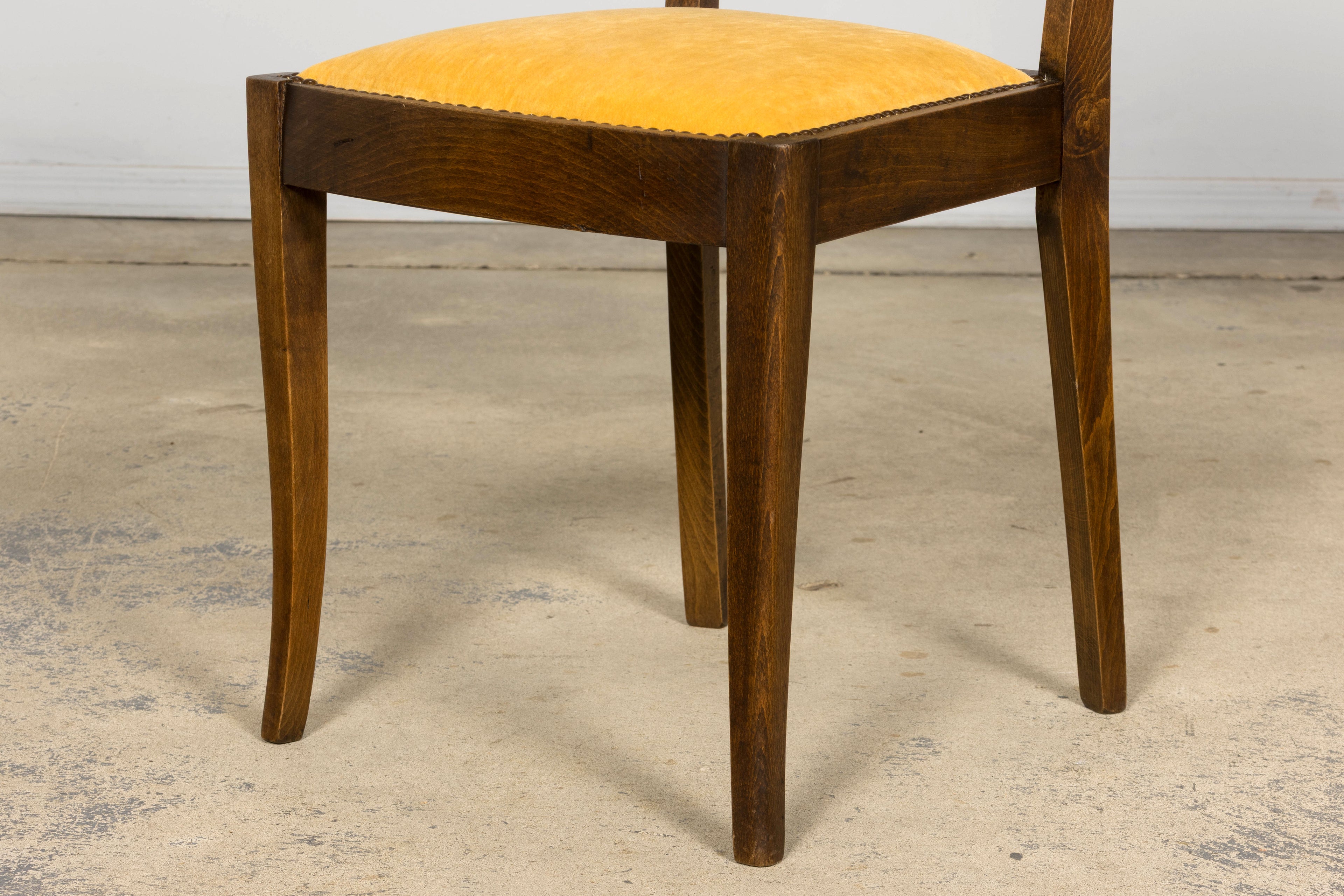 Pair of 1930s French Art Deco Mustache-Back Oak and Walnut Side Accent Chairs