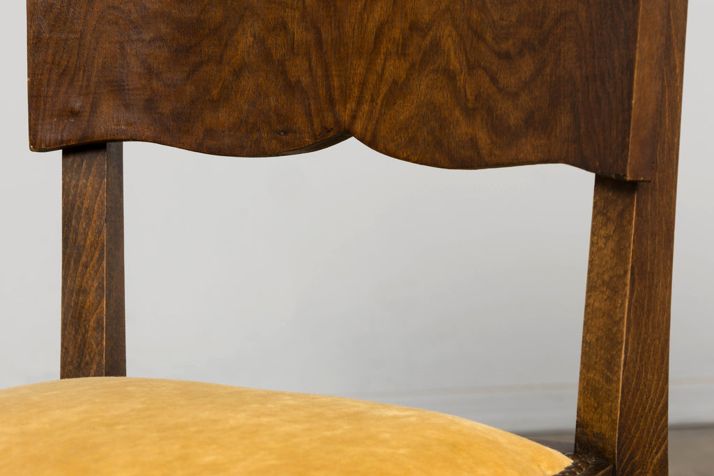 Pair of 1930s French Art Deco Mustache-Back Oak and Walnut Side Accent Chairs