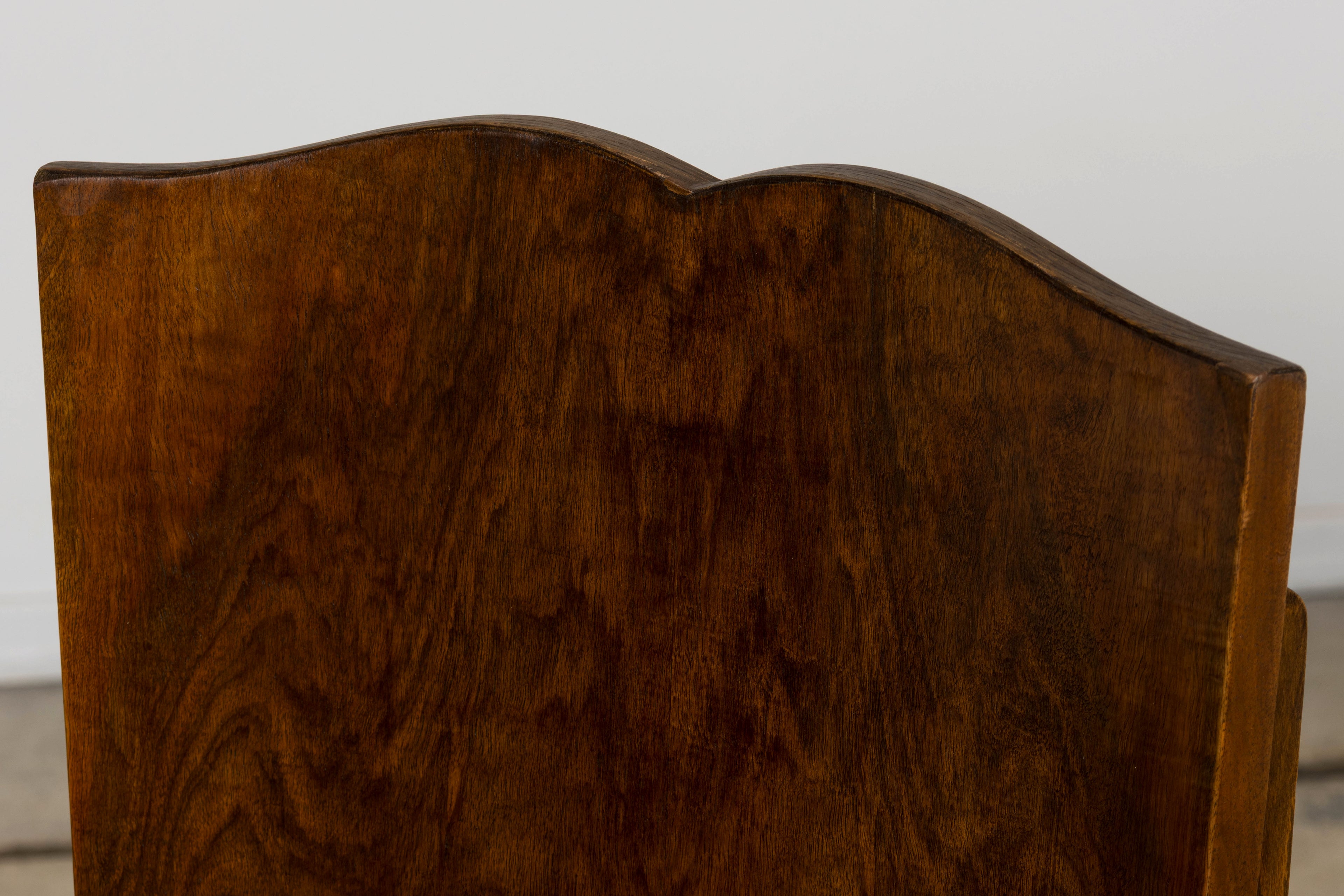 Pair of 1930s French Art Deco Mustache-Back Oak and Walnut Side Accent Chairs