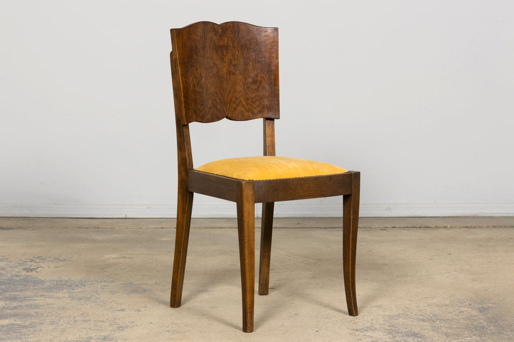 Pair of 1930s French Art Deco Mustache-Back Oak and Walnut Side Accent Chairs