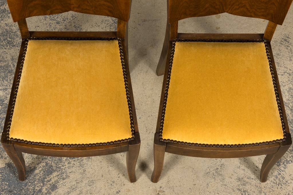 Pair of 1930s French Art Deco Mustache-Back Oak and Walnut Side Accent Chairs