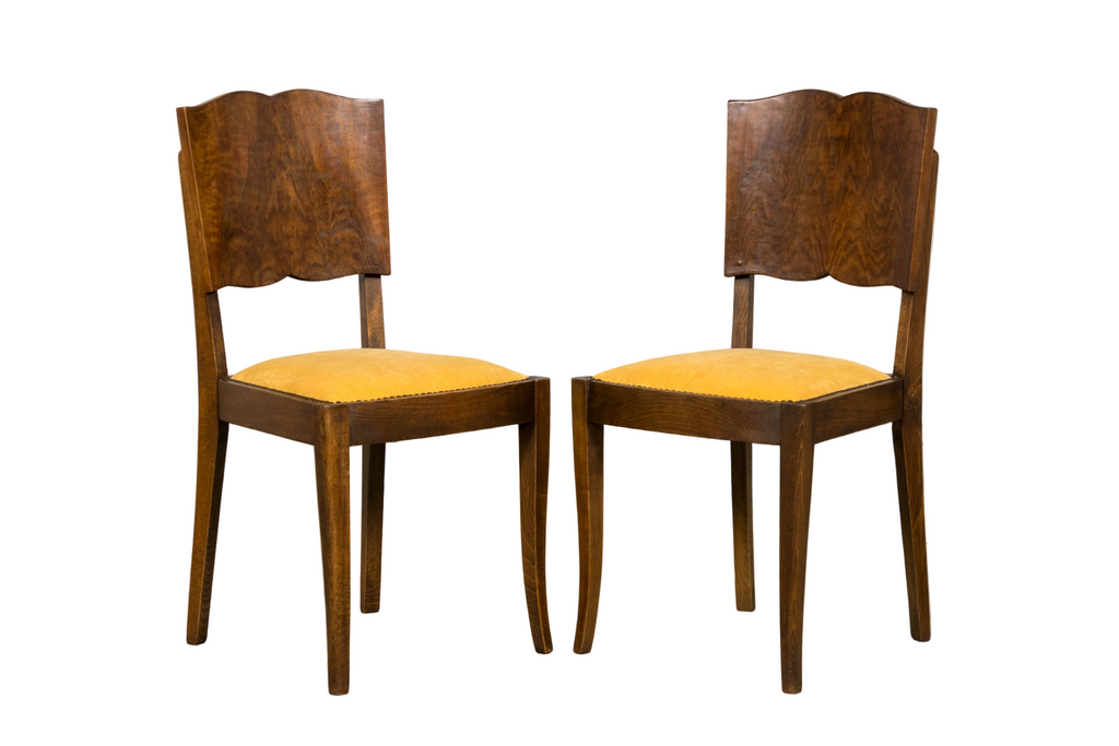 Pair of 1930s French Art Deco Mustache-Back Oak and Walnut Side Accent Chairs