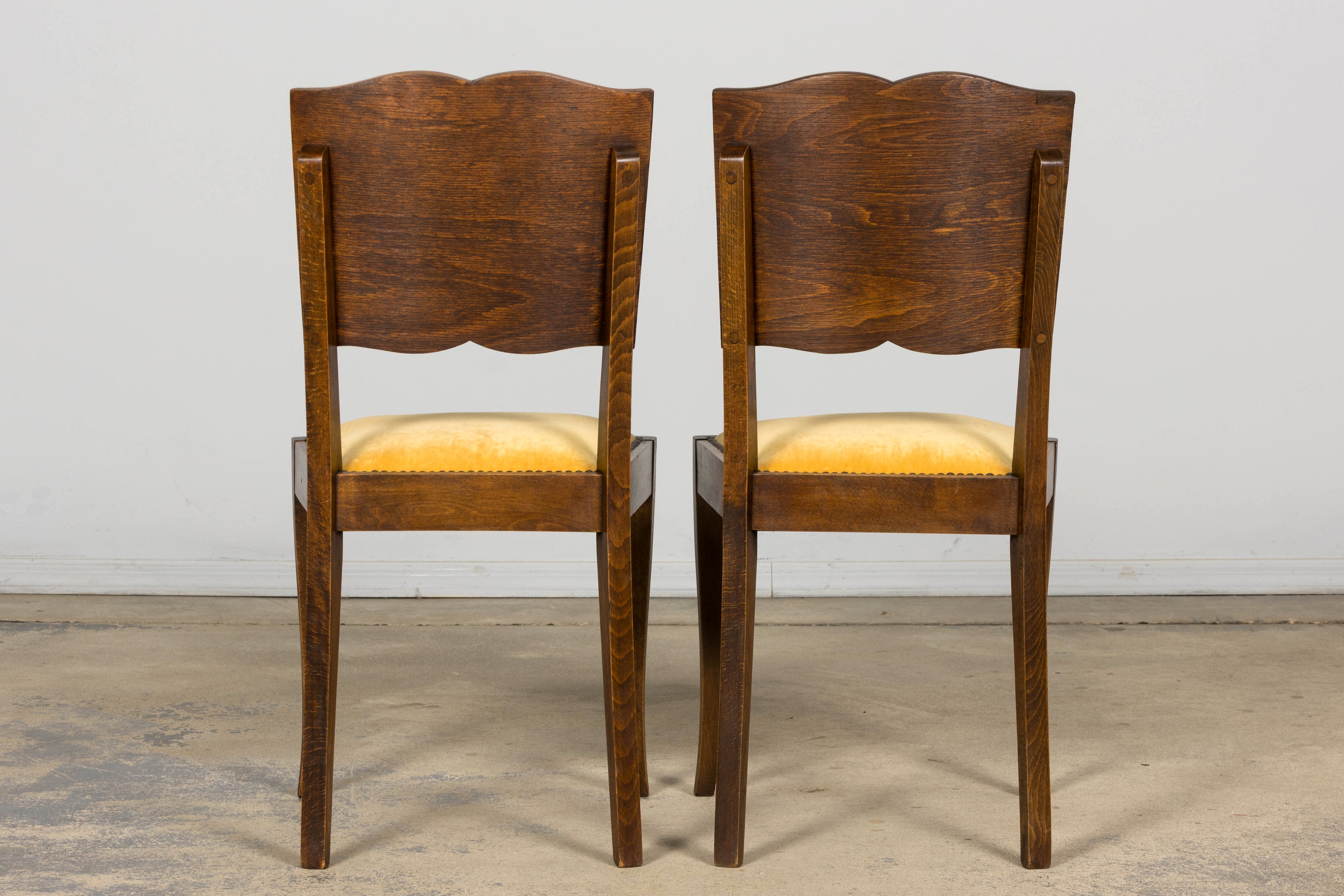Pair of 1930s French Art Deco Mustache-Back Oak and Walnut Side Accent Chairs