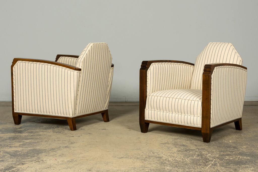 Pair of 1930s French Art Deco Oak Lounge Chairs in Blue Striped Fabric