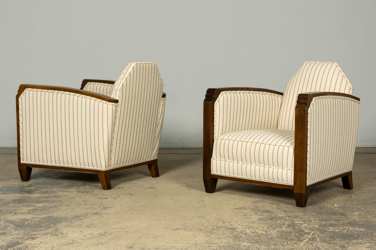 Pair of 1930s French Art Deco Oak Lounge Chairs in Blue Striped Fabric
