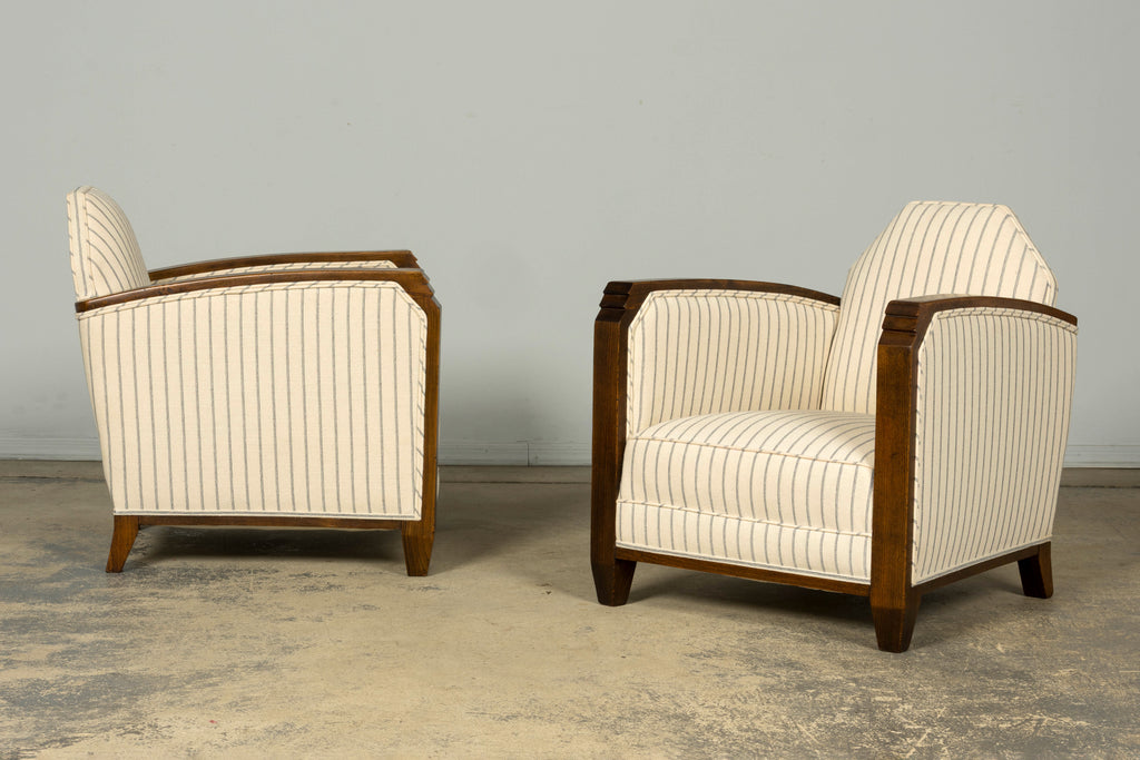 Pair of 1930s French Art Deco Oak Lounge Chairs in Blue Striped Fabric