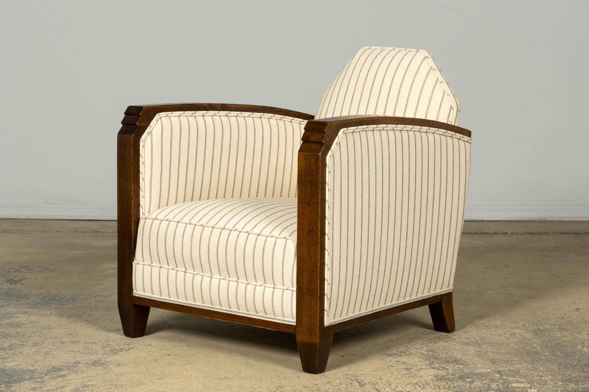 Pair of 1930s French Art Deco Oak Lounge Chairs in Blue Striped Fabric