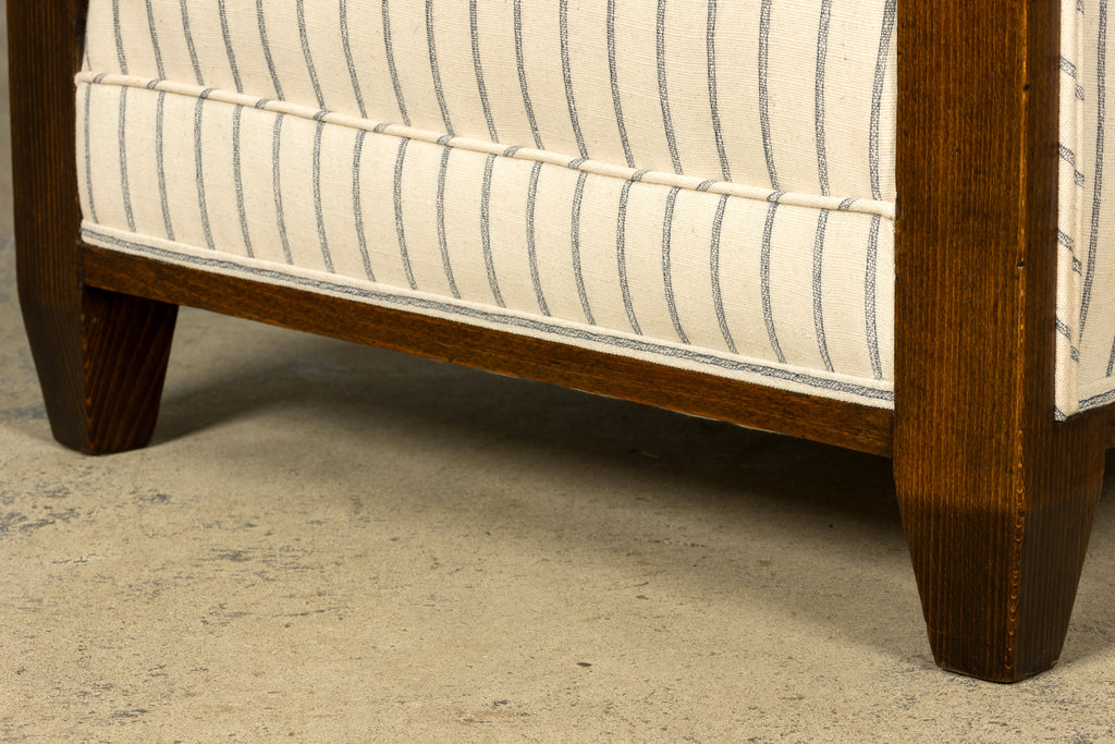 Pair of 1930s French Art Deco Oak Lounge Chairs in Blue Striped Fabric