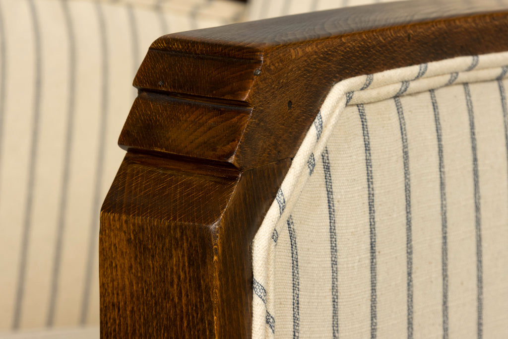 Pair of 1930s French Art Deco Oak Lounge Chairs in Blue Striped Fabric