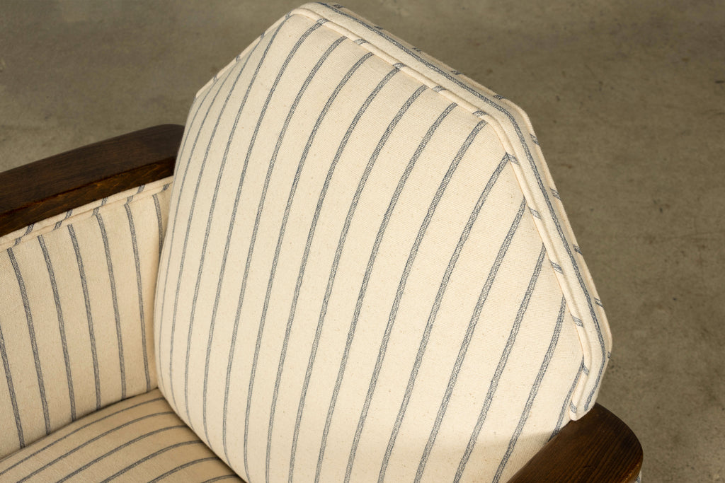 Pair of 1930s French Art Deco Oak Lounge Chairs in Blue Striped Fabric