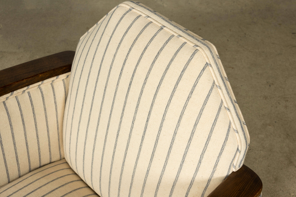 Pair of 1930s French Art Deco Oak Lounge Chairs in Blue Striped Fabric