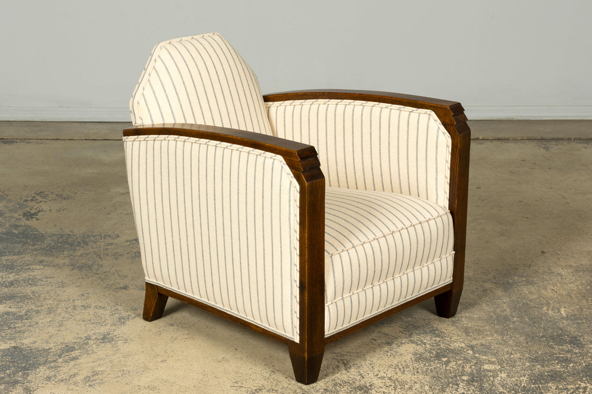 Pair of 1930s French Art Deco Oak Lounge Chairs in Blue Striped Fabric