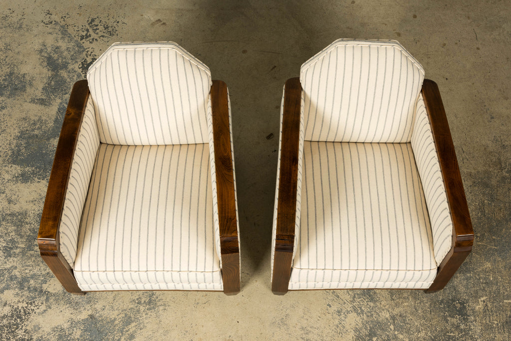 Pair of 1930s French Art Deco Oak Lounge Chairs in Blue Striped Fabric