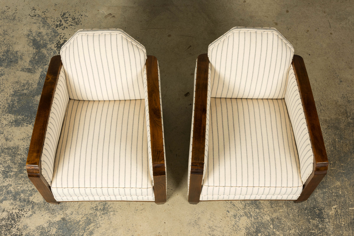Pair of 1930s French Art Deco Oak Lounge Chairs in Blue Striped Fabric