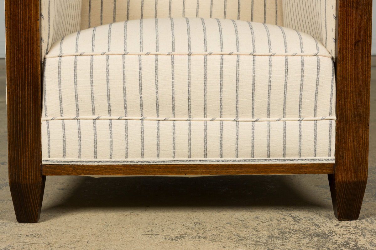 Pair of 1930s French Art Deco Oak Lounge Chairs in Blue Striped Fabric
