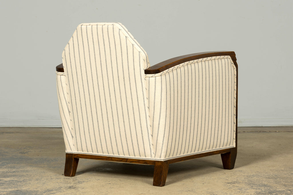 Pair of 1930s French Art Deco Oak Lounge Chairs in Blue Striped Fabric