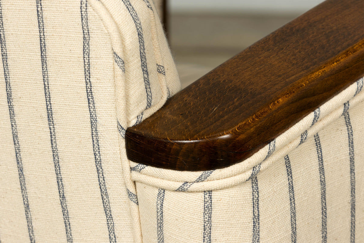 Pair of 1930s French Art Deco Oak Lounge Chairs in Blue Striped Fabric