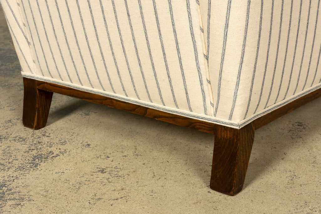 Pair of 1930s French Art Deco Oak Lounge Chairs in Blue Striped Fabric
