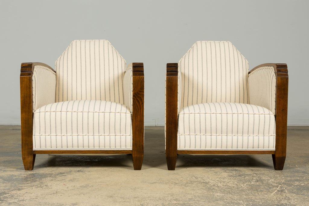 Pair of 1930s French Art Deco Oak Lounge Chairs in Blue Striped Fabric